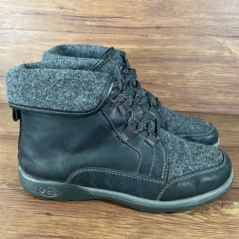 CHACO‎ Barbary Black Leather Lace Up Boots Women’s Size 7 Shoes Wool